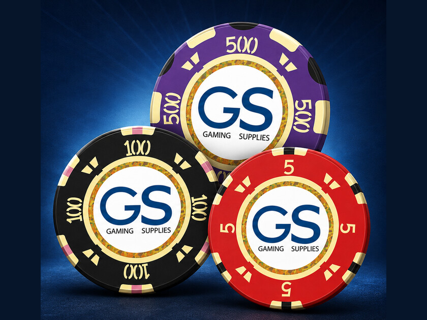 Three custom GS casino cash chip designs in red, black and purple