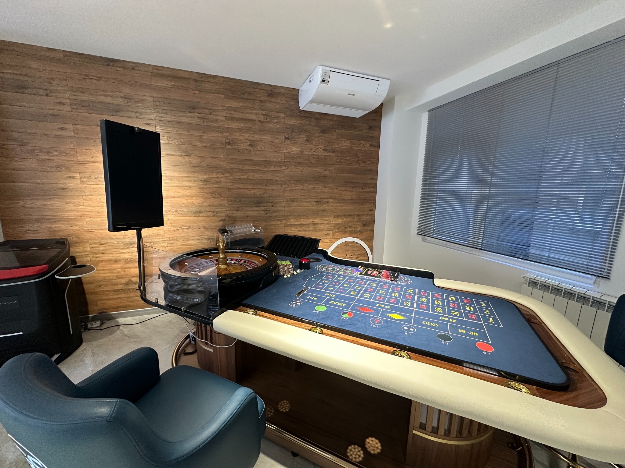 Roulette table, wheel and display equipment in the Gaming Supplies Batumi showroom