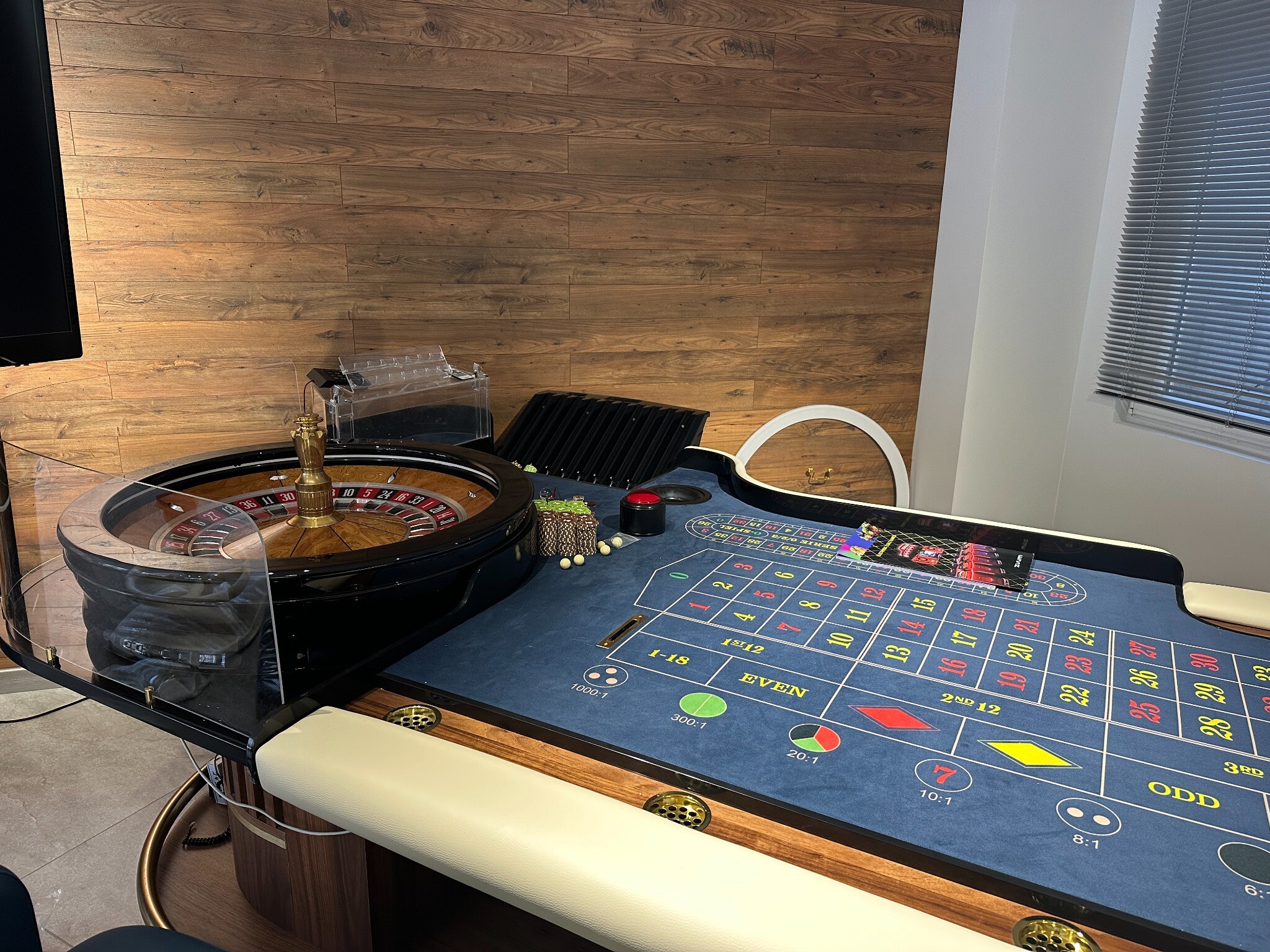 Close-up of a roulette wheel and betting layout in the Gaming Supplies Batumi showroom
